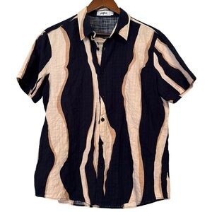 Men's Vatpave Navy Blue and Tan Casual Groovy Short Sleeve Button Down Shirt